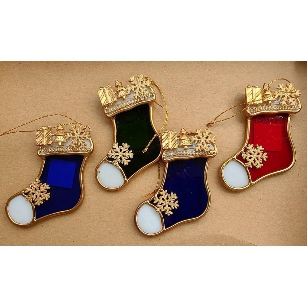 Vintage Stained Glass Christmas Stocking Ornaments With Gold Tone Gifts Lot (4)